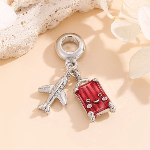 Travel charm with silver airplane and red cartoon suitcase pendant for bracelets