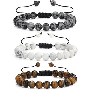 8mm Natural Stone Beads 3Pcs Bracelet Set Tiger Eye Lava Rock White Howlite Adjustable Braided Rope Vintage Jewelry For Men Women