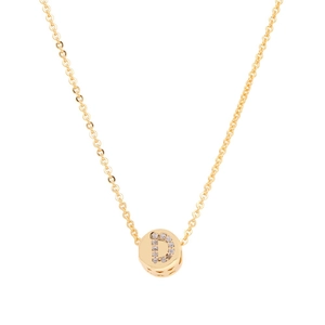Macro detail of gold letter D pendant with micro-pave cubic zirconia on a fine chain
