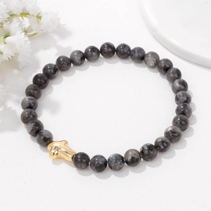 6mm stone bead bracelet featuring natural grey labradorite and a golden cross pendant
