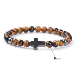 6mm Tigerauge Armband mit Hämatit Perlen und schwarzem matten Kreuzanhänger