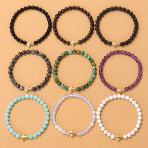 Collection of nine colorful 6mm natural stone beaded bracelets with golden cross charms