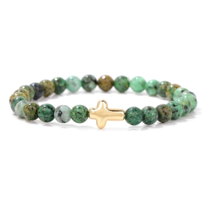 Vintage Natural Stone Beaded Bracelet With Golden Cross Charm Handmade Elastic Beads Hand Jewelry For Men Women Gifts