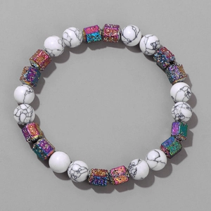 Bracelet en perles de pierre volcanique colorées et billes à texture marbrée grise
