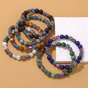 Lot de 5 bracelets élastiques en perles de lave, œil de tigre et cubes en métal colorés