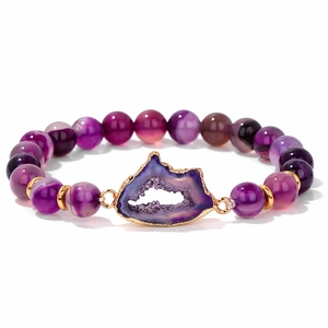 Pulsera de Cuentas de Ágata Natural Vintage para Mujeres y Hombres Hecha a Mano Chapada en Oro con Rebanada de Geoda de Druza Pulsera Elástica de Energía