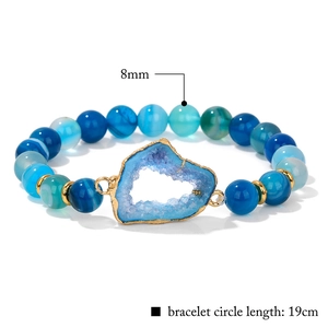 Pulsera corazón de ágata druzy azul con cuentas de 8mm y banda elástica 19cm
