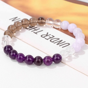 Elastic natural stone bead bracelet with purple and amber crystals for women and men