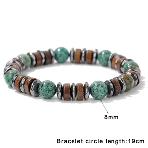 Bracciale unisex con pietre turchesi da 8mm e perline di legno lunghezza di 19cm