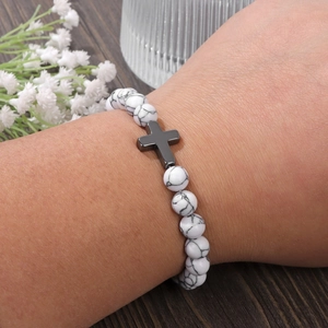 Bracelet religieux pour hommes avec perles de marbre blanc 8mm et croix