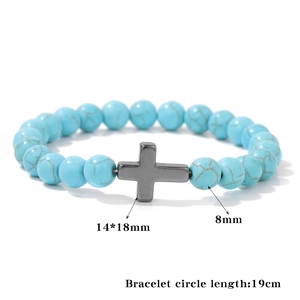 Bracelet croix en pierre impériale bleu ciel pour hommes et femmes avec perles de 8mm