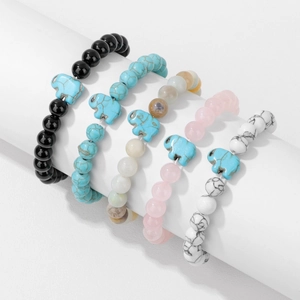 Five-piece set of natural turquoise bead bracelets with elephant charms for men and women