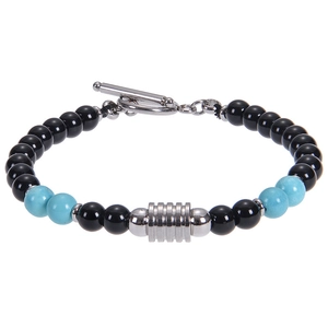 Bracciale da uomo con perline di agata nera e turchese 6mm e chiusura a T argento