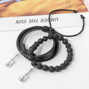 Men's multilayer leather rock guitar bracelet set with black lava stone beads