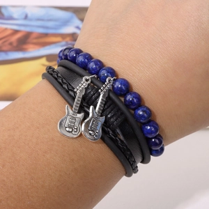 Multi-layer rock guitar bracelet set with blue stone beads and black leather strands
