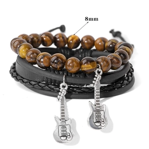 Rock guitar multilayer leather bracelet set with 8mm tiger eye stone beads for men