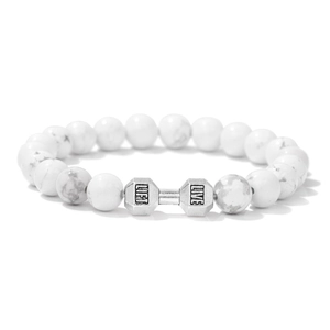 Detailed close-up of white turquoise beaded bracelet with silver dumbbell lift live charm