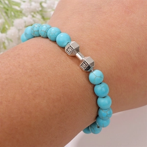 Turquoise beads bracelet with dumbbell pendant featuring Live and Lift engraving for men