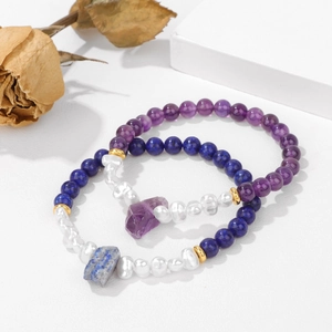 Detail of 6mm amethyst and lapis lazuli beaded bracelets with white baroque pearls