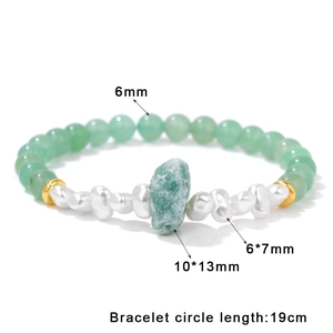 6mm green stone bead bracelet with baroque pearls and raw crystal center, 19cm length