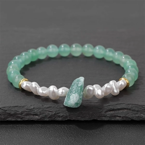 6mm light green natural stone bead bracelet with baroque pearls and a raw emerald pendant