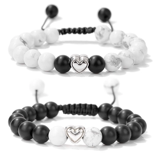 Adjustable heart couple bracelets with white marble turquoise and matte black beads