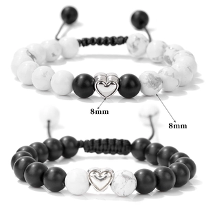 Adjustable 8mm white turquoise and black beads heart bracelets set for friends
