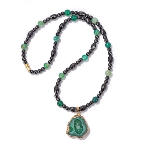 Vintage Handmade Beaded Hematite Necklace With Irregular Druzy Agate Stone Pendant Gold Edged Lucky Jewelry Gift For Men Women