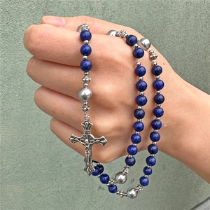 Vintage Natuursteen Kralen Rozenkrans Ketting Legering Jezus Kruis Hanger Katholieke Gebedskralen Religieuze Sieraden Voor Mannen Vrouwen