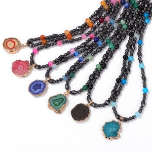 Natural agate stone pendant necklaces with gold plating and black hematite beads