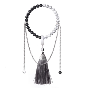 Bracelet chinois perles Yin Yang Tai Chi avec pierres naturelles et longues franges de soie