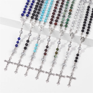 Religieuze 6mm natuurstenen rozenkrans kettingen met kruisbeeld en iconenhangers