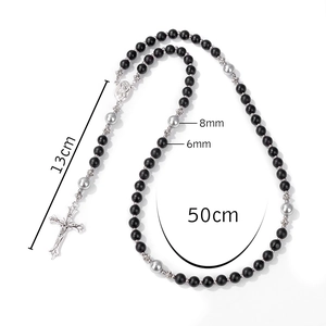 Religieuze rozenkrans ketting met 6mm zwarte kralen en zilveren kruis voor heren