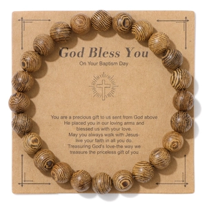 Detail shot of natural wood beads bracelet with rustic grain on a kraft paper display card