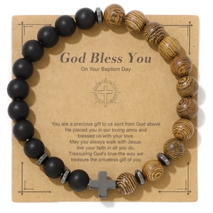 Natural stone and wood bead cross bracelet with God Bless You baptism card