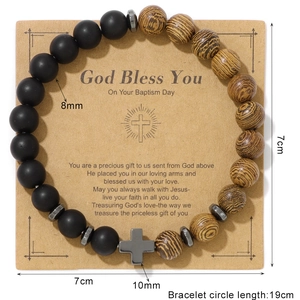 Natural stone and wood bead cross bracelet for baptism on religious display card