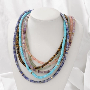 Multi-layer bohemian necklace set with colorful natural turquoise beads and gold spacers