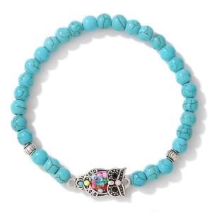 Bracciale elastico in diaspro zebra rosa con ciondolo a forma di gufo e perline colorate