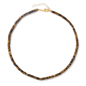 Macro detail of natural tiger eye stone disc beads necklace with gold lobster clasp closure