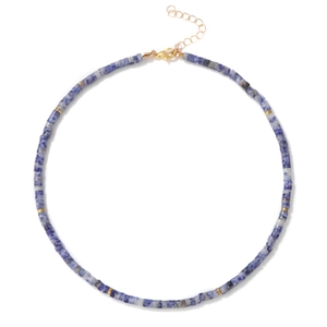 Detail of natural blue stone beaded necklace with golden spacers and adjustable lobster clasp