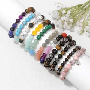 Elastische Naturkristall-Perlenarmbänder mit Amethyst und Achat sowie Herzanhänger