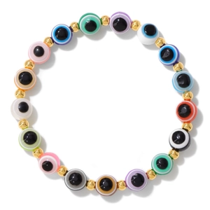 Retro multi-colored evil eye beaded bracelet with 18k gold accents on white background