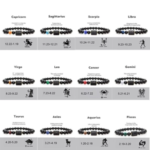 Vista dettagliata di 12 braccialetti zodiacali in agata nera naturale con simboli