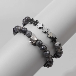 Herren Naturstein Perlenarmband Set Mit Legierung Leopardenkopf Und Kreuzanhängern Elastisches Handseil Modeschmuck