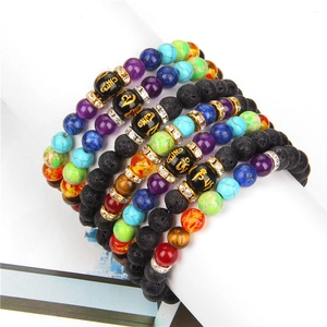 7 Chakra natural lava stone yoga energy bracelets with golden etched beads and crystals