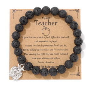 Lavastein-Armband mit Strass-Apfelanhänger auf einer Lehrer-Dankeskarte verpackt
