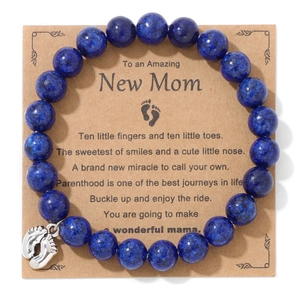 Natural Stone Beaded Bracelet With Silver Alloy Baby Foot Pendant New Mom Greeting Card Gift For Women Elastic Hand String