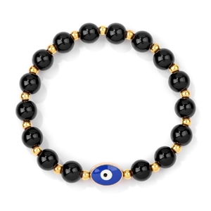 Detalle macro de pulsera elástica ojo turco con ágata negra y cuentas doradas