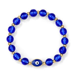 Pulsera elástica de cuentas azules con detalles dorados y amuleto central del mal de ojo