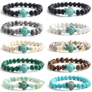 Natuursteen Kralen Armband Met Zeeschildpad Hanger Elastisch Stretch Lavasteen Tijgeroog Yoga Strand Sieraden